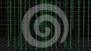 Green binary code streams down on a digital grid, representing data flow and technology