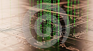 Green binary code streams falling on abstract electronic circuit board pattern