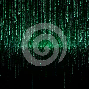 Green binary code streams vertically against a black background, resembling digital rain