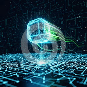 Green binary code streams vertically against a dark background resembling