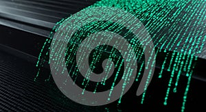 Green binary code streams vertically on a dark background, reminiscent of digital rain.