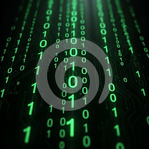 Green binary code streams vertically on a dark background, resembling a digital rain