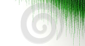 Green binary code streams vertically on a white background, resembling digital rain.
