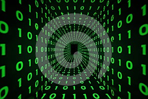 Green Binary Code Tunnel: Digital Data Stream Background