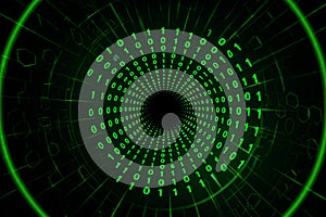 Green Binary Code Tunnel: Digital Technology Background Stock Photo