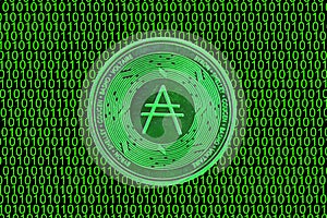 green binary code and a valueable green ada coin from cardano crypto currency straight