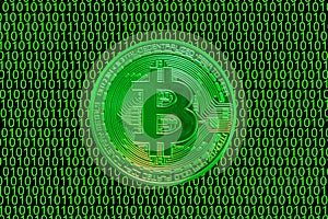 green binary code and a valueable green bitcoin from crypto currency straight