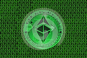 green binary code and a valueable green ether coin from ethereum crypto currency straight