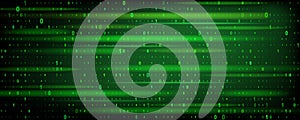 Green binary ones zeros code on black background. Abstract Technology Binary code, programming algorithm, data code, encryption