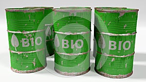 Green bio oil barrels isolated on white