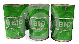 Green bio oil barrels isolated on white