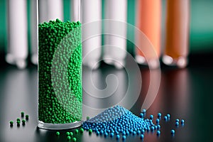 Green Biodegradable plastic granules in test tubes