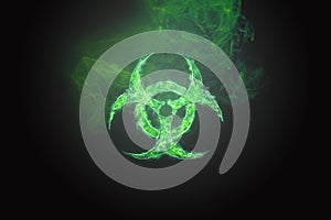 Green Biohazard Symbol on Black Background. Sign of biological hazard. The concept of chemical waste, pollution of the nature,