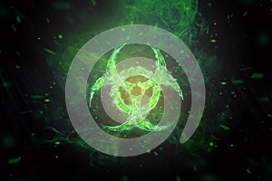 Green Biohazard Symbol on Black Background. Sign of biological hazard. The concept of chemical waste, pollution of the nature,