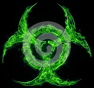 Green Biohazard Symbol on Black Background. Sign of biological hazard. The concept of chemical waste, pollution of the nature,