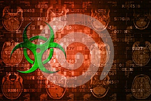 Green Biohazard symbol on orange digital background with copyspace. Science concept.