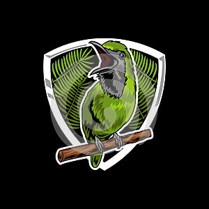 Green Bird Chirping Perched On Tree Branch Logo