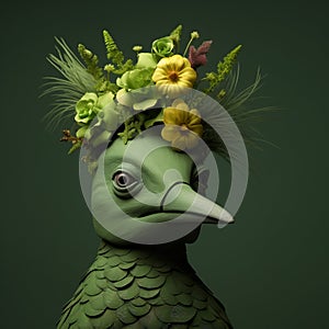 Green Bird With Floral Crown: A Unique Object Portraiture In The Style Of Mike Campau, Jean Fouquet, And Daria Petrilli photo