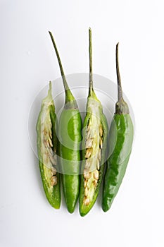 Green Bird`s eye chili ,Thai Chili pepper ,bird chili pepper nature isolate on white background.