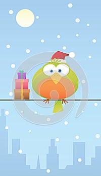 Green bird with santa hat and gift