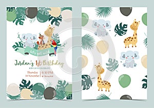 Green birthday card with elephant,fox,giraffe,parrot,ribbon and balloon