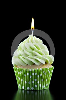 Green Birthday Cupcake. Illustration AI Generative