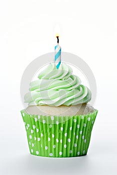 Green Birthday Cupcake. Illustration AI Generative