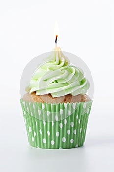 Green Birthday Cupcake. Illustration AI Generative