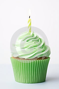 Green Birthday Cupcake. Illustration AI Generative