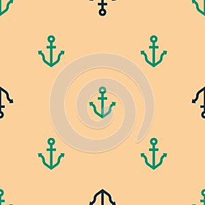 Green and black Anchor icon isolated seamless pattern on beige background. Vector