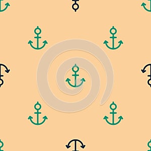 Green and black Anchor icon isolated seamless pattern on beige background. Vector Illustration