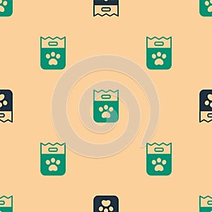 Green and black Bag of food for dog icon isolated seamless pattern on beige background. Dog or cat paw print. Food for