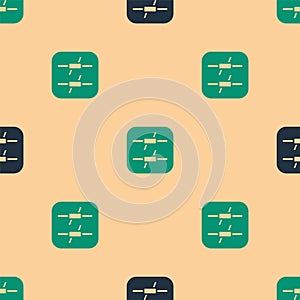 Green and black Barbed wire icon isolated seamless pattern on beige background. Vector
