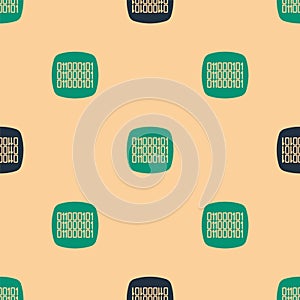 Green and black Binary code icon isolated seamless pattern on beige background. Vector