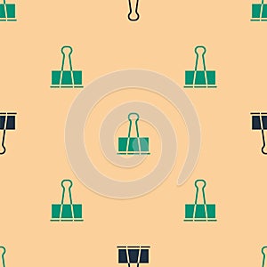 Green and black Binder clip icon isolated seamless pattern on beige background. Paper clip. Vector Illustration