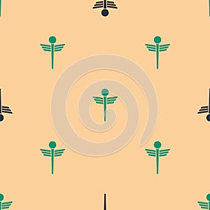 Green and black Caduceus snake medical symbol icon isolated seamless pattern on beige background. Medicine and health