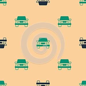 Green and black Car icon isolated seamless pattern on beige background. Vector
