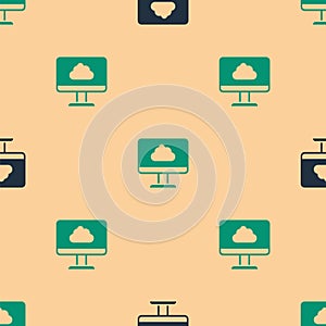 Green and black Cloud technology data transfer and storage icon isolated seamless pattern on beige background. Vector