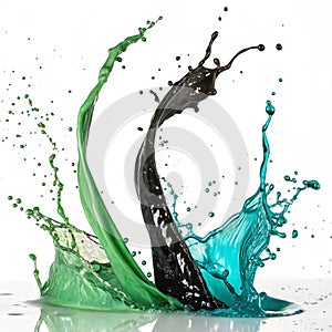 Green, black, and cyan abstract paint stroke fluid liquid isolated on white background photo