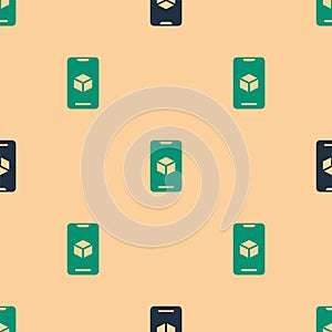 Green and black 3D printer software icon isolated seamless pattern on beige background. 3d printing. Vector