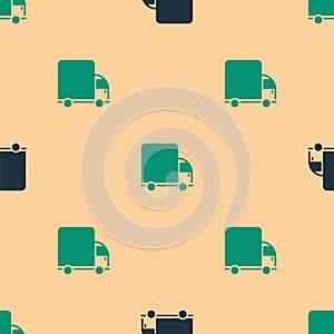 Green and black Delivery cargo truck vehicle icon isolated seamless pattern on beige background. Vector