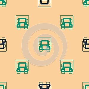 Green and black Delivery cargo truck vehicle icon isolated seamless pattern on beige background. Vector