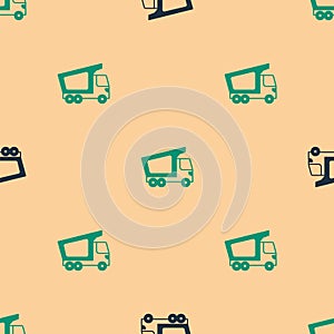 Green and black Delivery cargo truck vehicle icon isolated seamless pattern on beige background. Vector