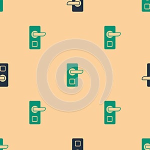 Green and black Digital door lock with wireless technology for unlock icon isolated seamless pattern on beige background