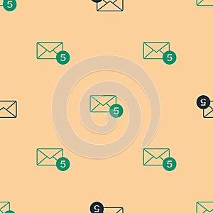 Green and black Envelope icon isolated seamless pattern on beige background. Received message concept. New, email