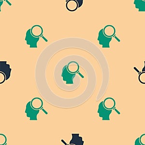 Green and black Finding a problem in psychology icon isolated seamless pattern on beige background. Vector