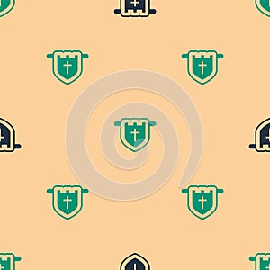 Green and black Flag with christian cross icon isolated seamless pattern on beige background. Vector