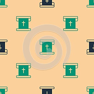 Green and black Flag with christian cross icon isolated seamless pattern on beige background. Vector