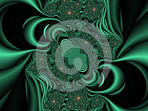 Green black flower fractal, fractal fantasy shapes contrasts lights, sparkling petals, fractal, abstract background