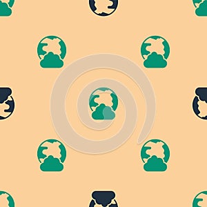 Green and black Global technology or social network icon isolated seamless pattern on beige background. Vector